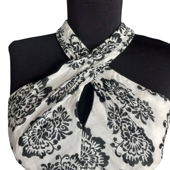 WHBM Size 2 Halter Top Black White Floral Pattern Keyhole Front Tie Back Lined - Picture 5 of 8